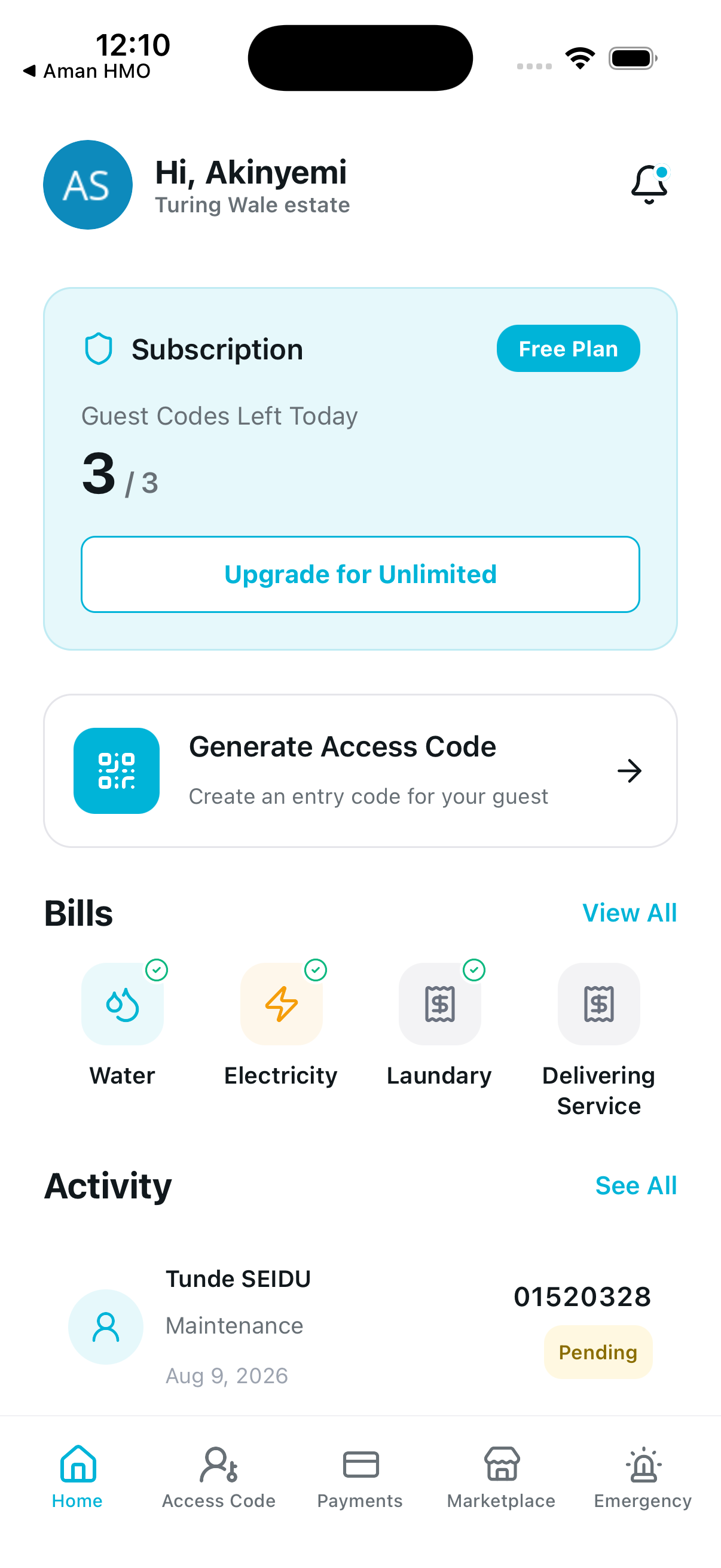 Sycure resident app home screen showing guest codes remaining, a Generate Access Code shortcut, estate bills, and recent activity